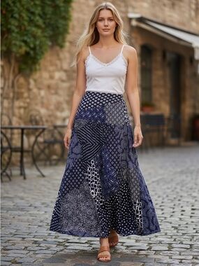 NYCC Navy Patchwork Contemporary Cottagecore Maxi Skirt - Women